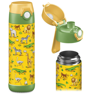 Jarlsona Kids Water Bottle - Mali - Insulated Stainless Steel Water Bottle With Chug Lid - Thermos - Girlsboys (Safari Mosaic, 1