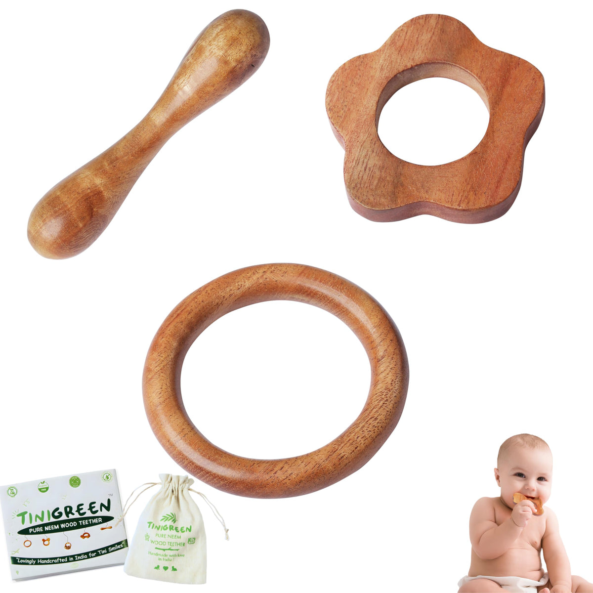 Tinigreen Star Ring Dumbbell Shaped Organic Neem Wood Teether For 6 To 12 Months Infant Baby (Star Ring Dumbbell Shape)  Pack O