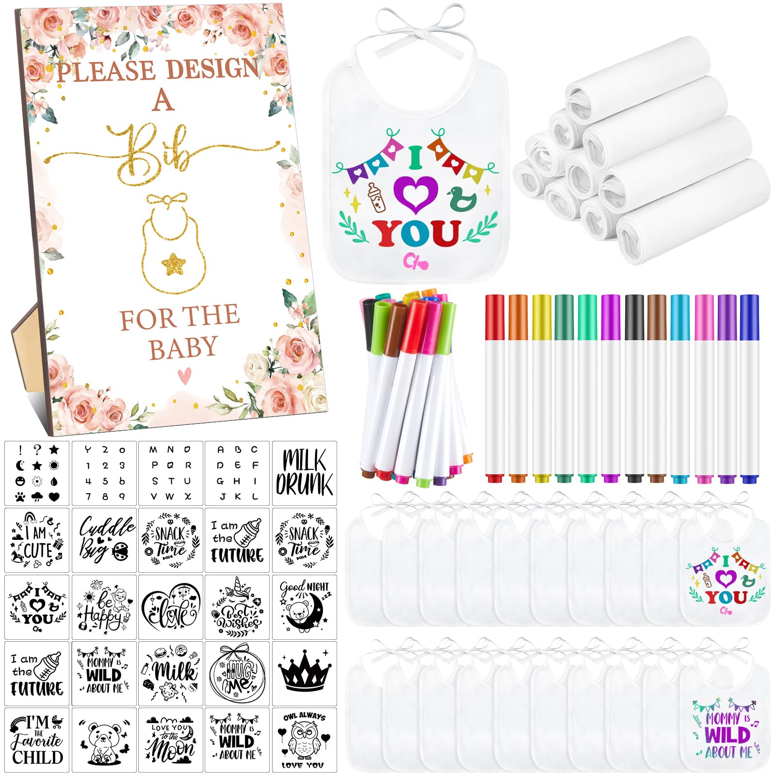 Panitay 100 Pcs Diy Baby Bibs Decorating Kit 50 White Bibs 25 Stencils 24 Fabric Markers 1 Baby Shower Game Sign(Flower)