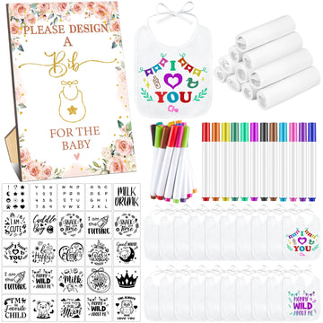 Panitay 100 Pcs Diy Baby Bibs Decorating Kit 50 White Bibs 25 Stencils 24 Fabric Markers 1 Baby Shower Game Sign(Flower)