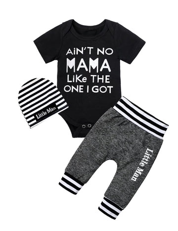 Baby Boy Clothes 0-3 Months Baby Outfits Summer Short Sleeve No Mama Print Romper Little Man Pants Hats 3Pcs Infant Baby Clothes