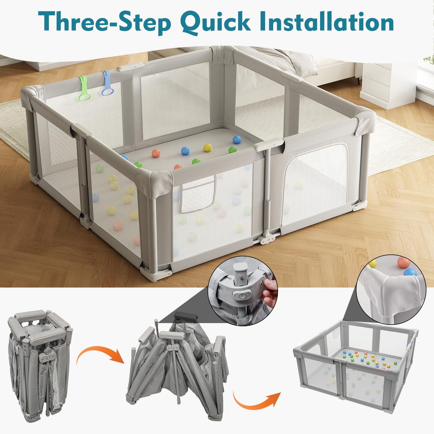 Seeday Foldable Baby Playpen, 51 Playpen for Babies and Toddlers with Mat Ocean Balls and Pull Links, Play Pen with Soft Breatha