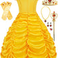 Funna Princess Costume Layered Dress Off Shoulder For Girls Dress Up With Accessories Yellow, 7 Years