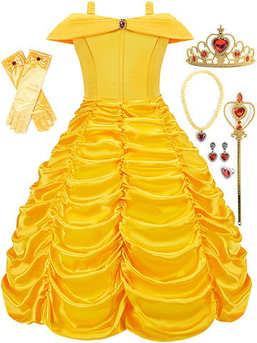 Funna Princess Costume Layered Dress Off Shoulder For Girls Dress Up With Accessories Yellow, 7 Years