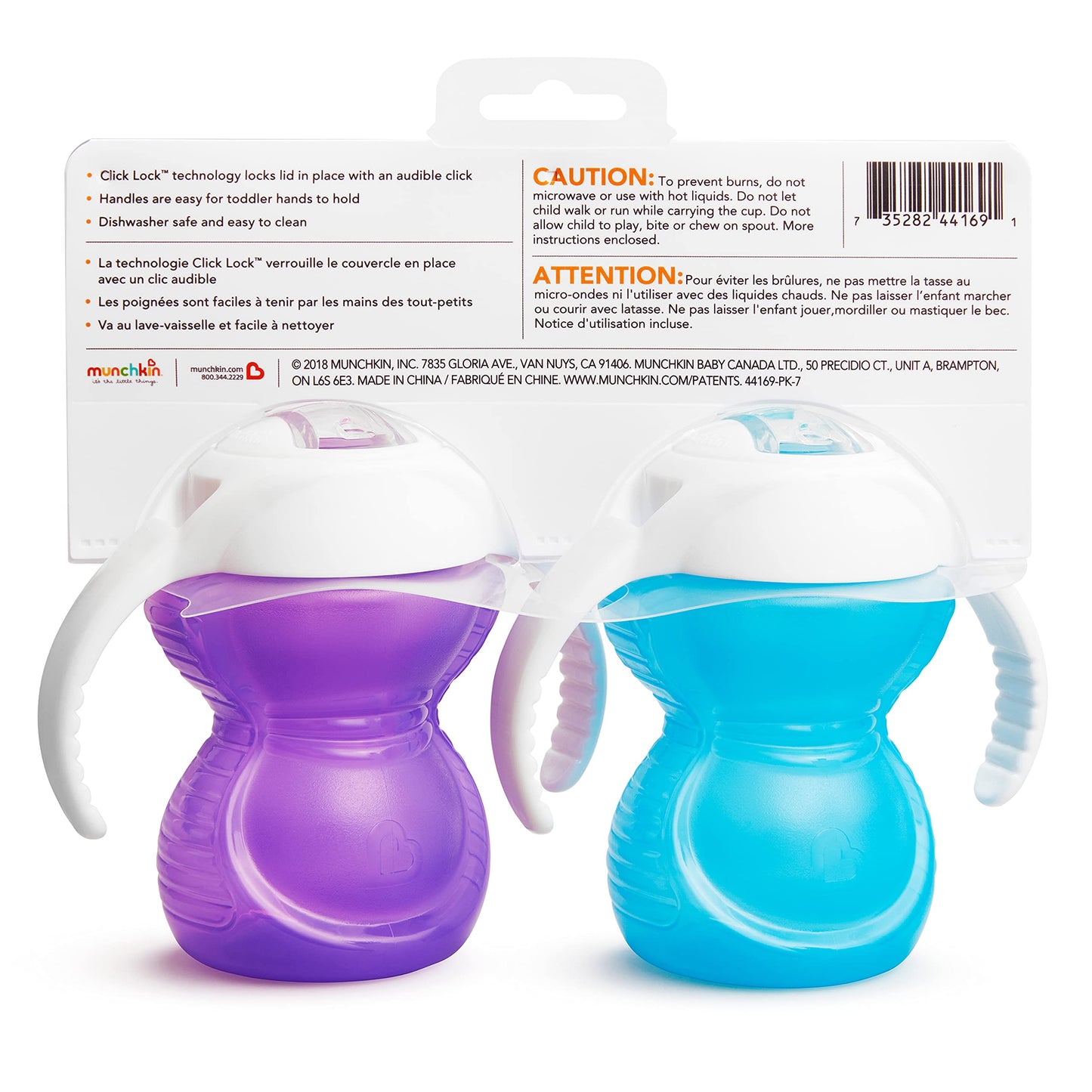 Munchkin Click Lock Bite Proof Trainer Cup, 7 Ounce, 2 Pack, Blue/Purple