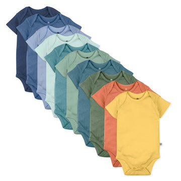 Honestbaby 10-Pack Short Sleeve Bodysuits One-Piece 100% Organic Cotton For Infant Baby Boys, Girls, Unisex, Rainbow Gems Blues,