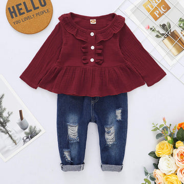 18 Months Girl Clothes 2T Toddler Baby Girl Outfits Ruffle Sleeve Top Blue Ripped Denim Jeans Boutique Baby Girl Clothes 18-24 M