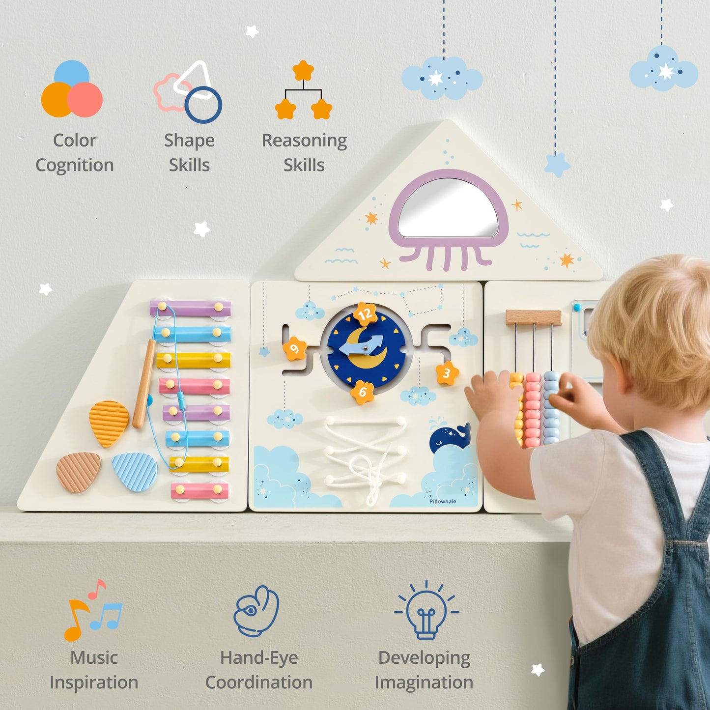 Pillowhale Tangram Activity Wall Busy Board Panels, 12-in-1 Learning Activity Center, Wooden Montessori Sensory Toys for Toddler