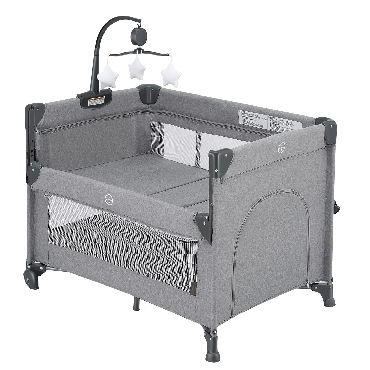 Qutanix 2-In-1 Baby Playard, Pack And Play Bassinet, Easy Folding Portable Crib With Music Mobile For Newborn To Toddlers (Grey)