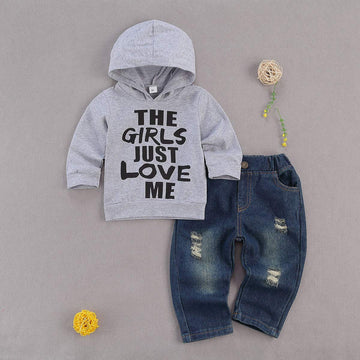 Fhutpw Toddler Baby Boy Outfits Hoodie Sweatshirts & Jeans Clothes Set Fall Winter 6 9 12 18 24 Months (A-Gray, 6-12 Months)