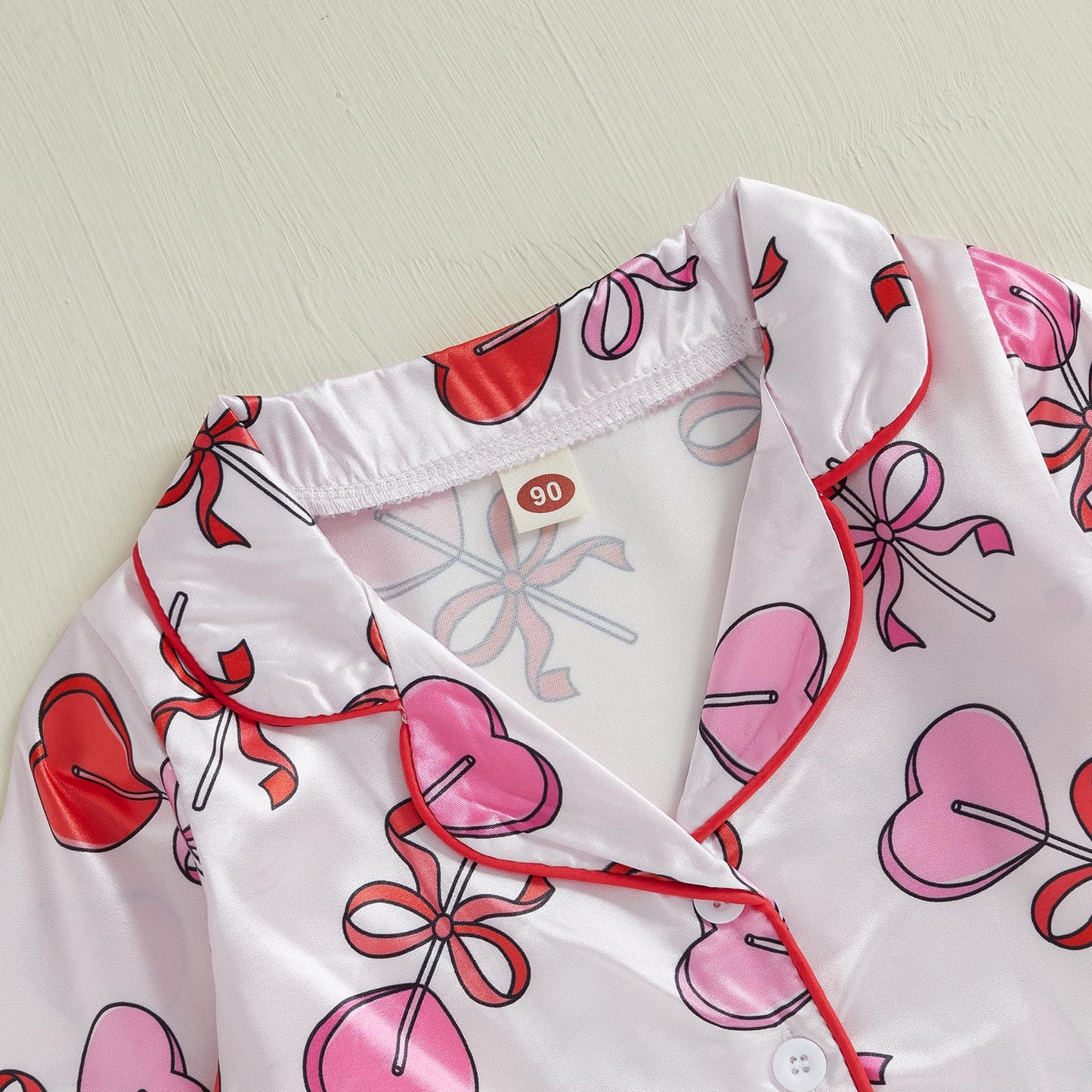 Kavousa Toddler Baby Girl Valentines Day Pajamas Heart&Bow Print Button Down Shirt + Pants Little Kids Girls Silk Pajama Set (Pi