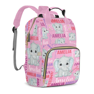 Perarts Pink Elephant Personalized Diaper Bag Backpack for Baby Girl with Name, Custom Nappy Nursing Bag for Moms, Customized Gi