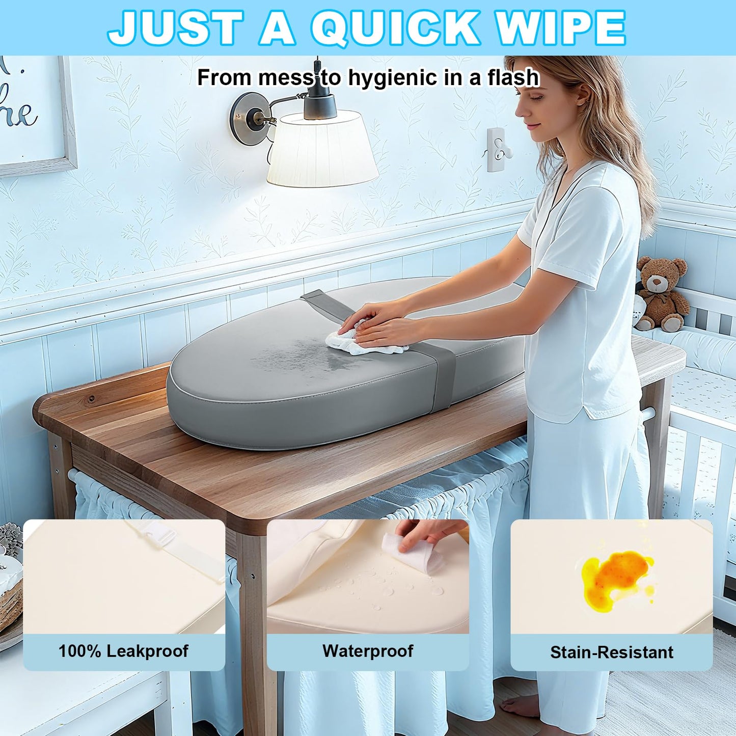 Baby Diaper Changing Pad, Wipeable Baby Changing Pad for Dresser, Contoured Waterproof Changing Pad with PU Cover, Non-Slip Safe