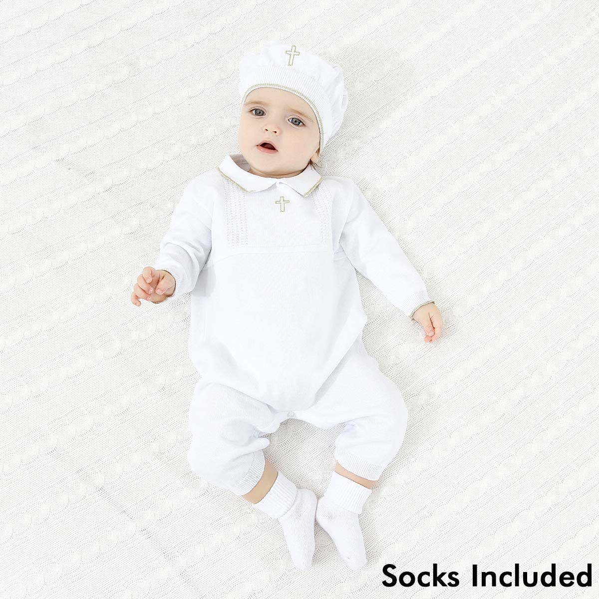 Hapiu Baby Boy Baptism Outfit With Hat Christening Outfit-Cross Detail, 9-12M, Pure White