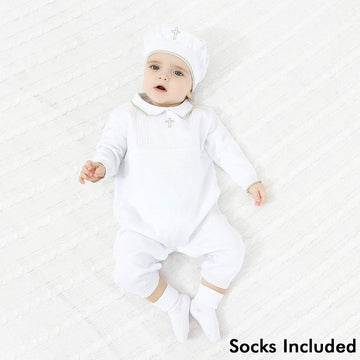 Hapiu Baby Boy Baptism Outfit With Hat Christening Outfit-Cross Detail, 9-12M, Pure White