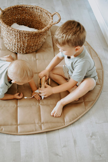 Uniklook Padded Quilted Leather Round 47' 120Cm Play Mat | Indoor Outdoor | Reversible Tan + Cream | Timmy Time Mat Crawling Pl