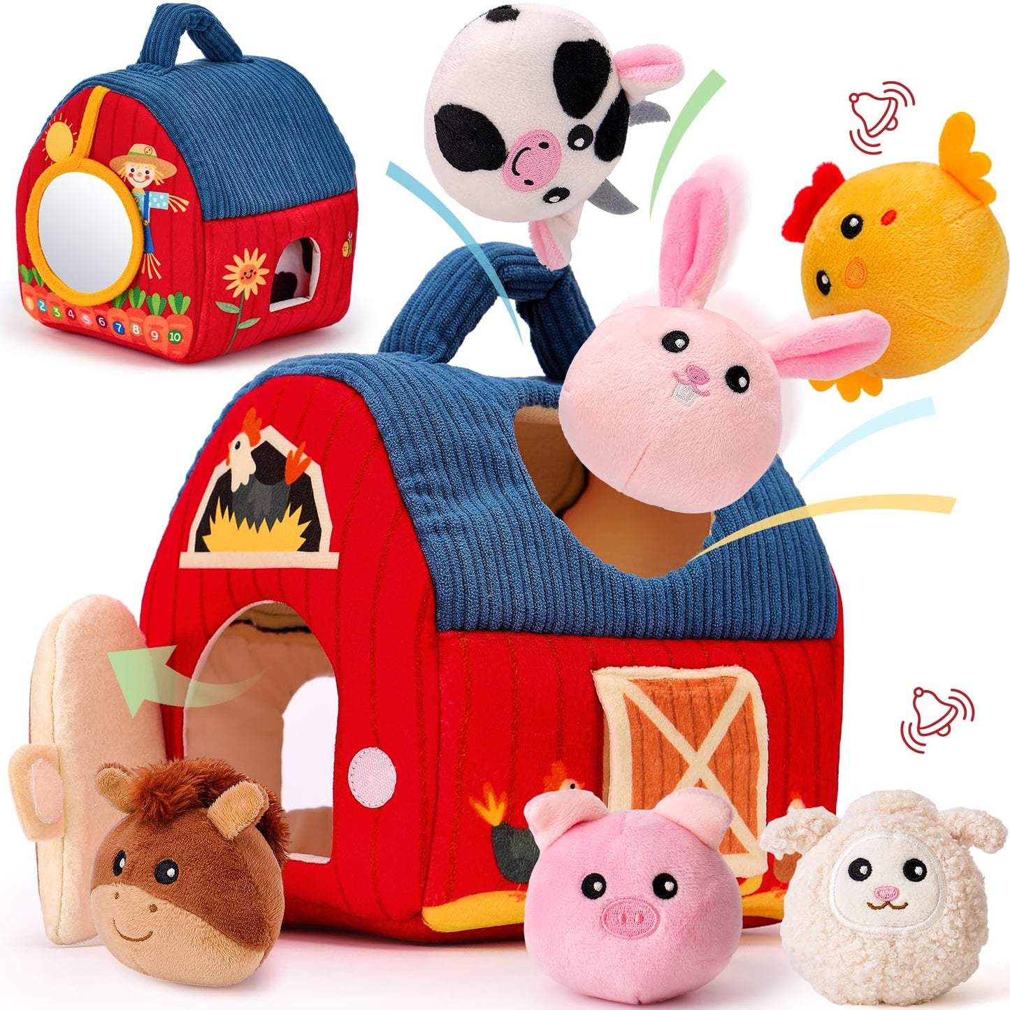 hahaland Baby Toys 6-12 Months - Surprise Barn with Stuffed Farm Animals, Rattle, Crinkle Paper, Mirror - Montessori Toys for 6 