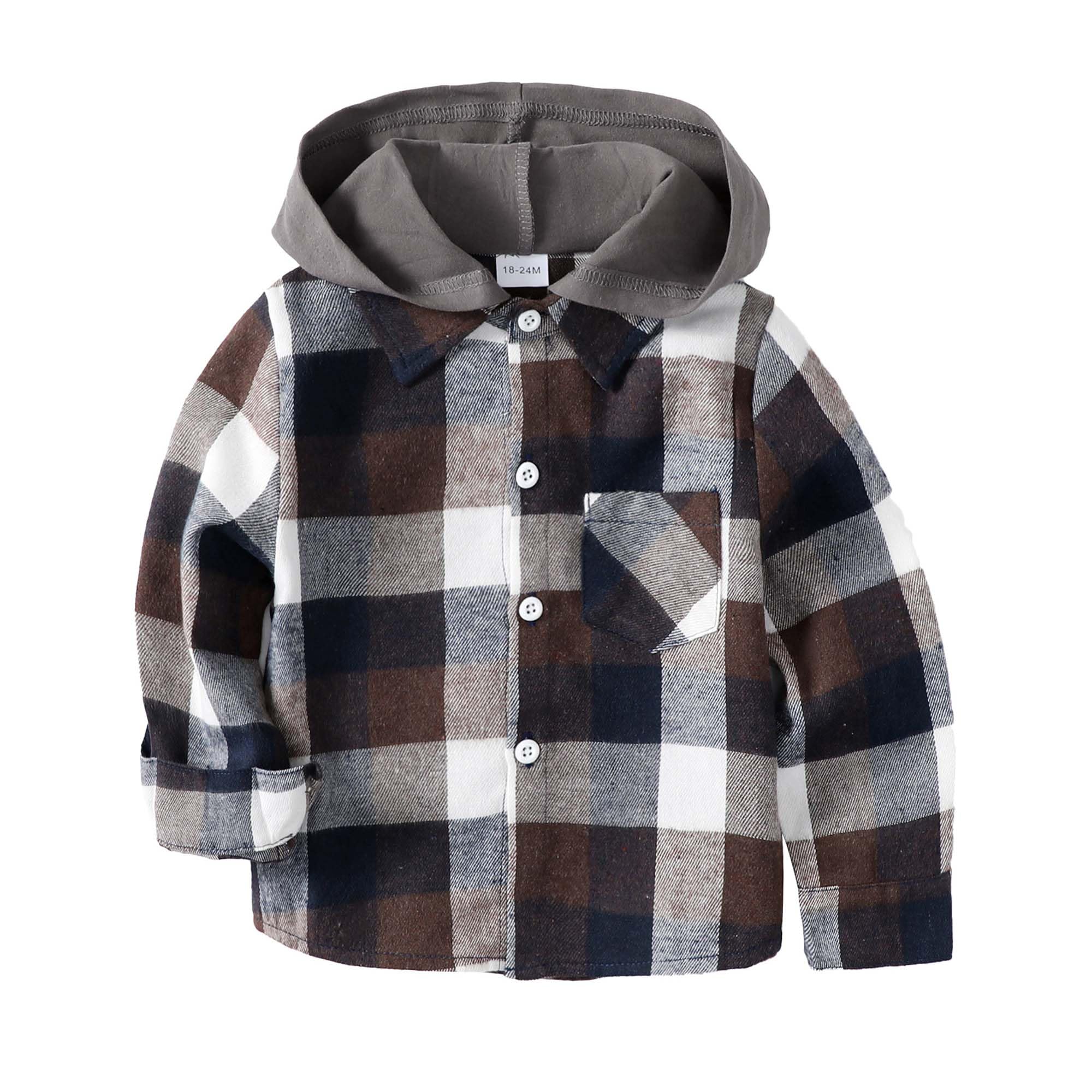 Toddler Boys Plaid Button Down Shirt Long Sleeve Hooded Shirt Flannel Jacket Top WBBAPB0B5XJ21QL