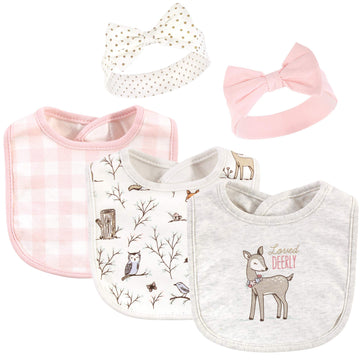 Hudson Baby Unisex Baby Cotton Bib And Headband Or Caps Set, Enchanted Forest, One Size