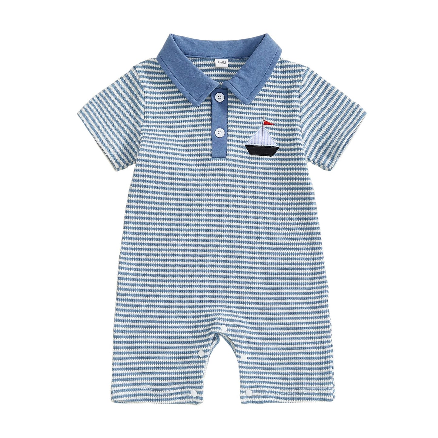 RSRZRCJ Newborn Outfits Baby Boy Clothes Summer Short Sleeve Waffle Knit Collared Sailboat Embroidery Romper Jumpsuit (Blue, 3-6