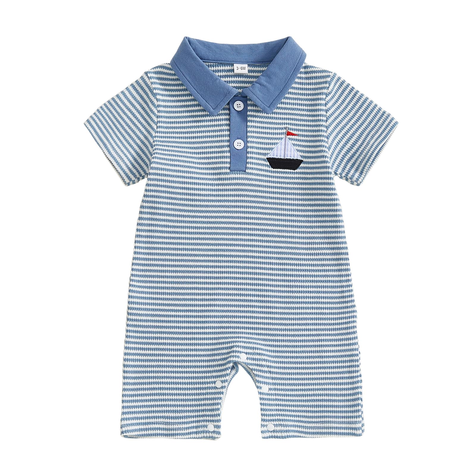 RSRZRCJ Newborn Outfits Baby Boy Clothes Summer Short Sleeve Waffle Knit Collared Sailboat Embroidery Romper Jumpsuit (Blue, 3-6