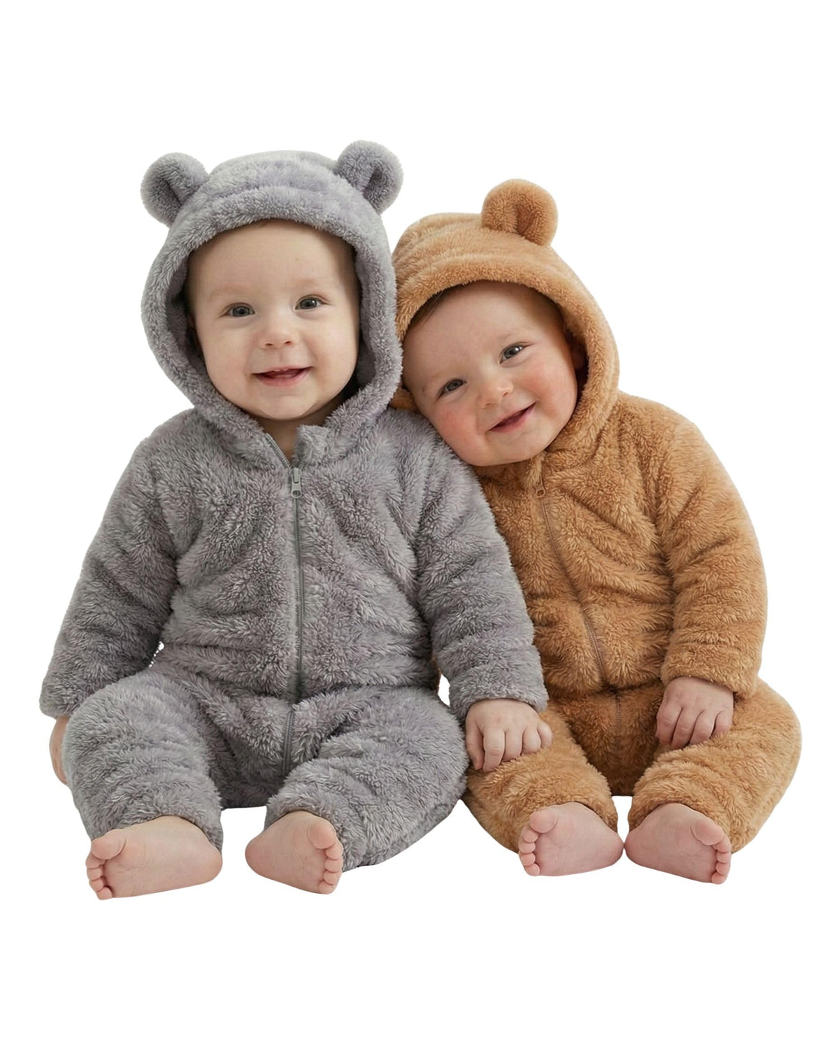 Baby Winter Fleece Romper, Hooded Bear Ears Design, Mint Green, FullZip Jumpsuit (2, Grey&Brown, 0309month)