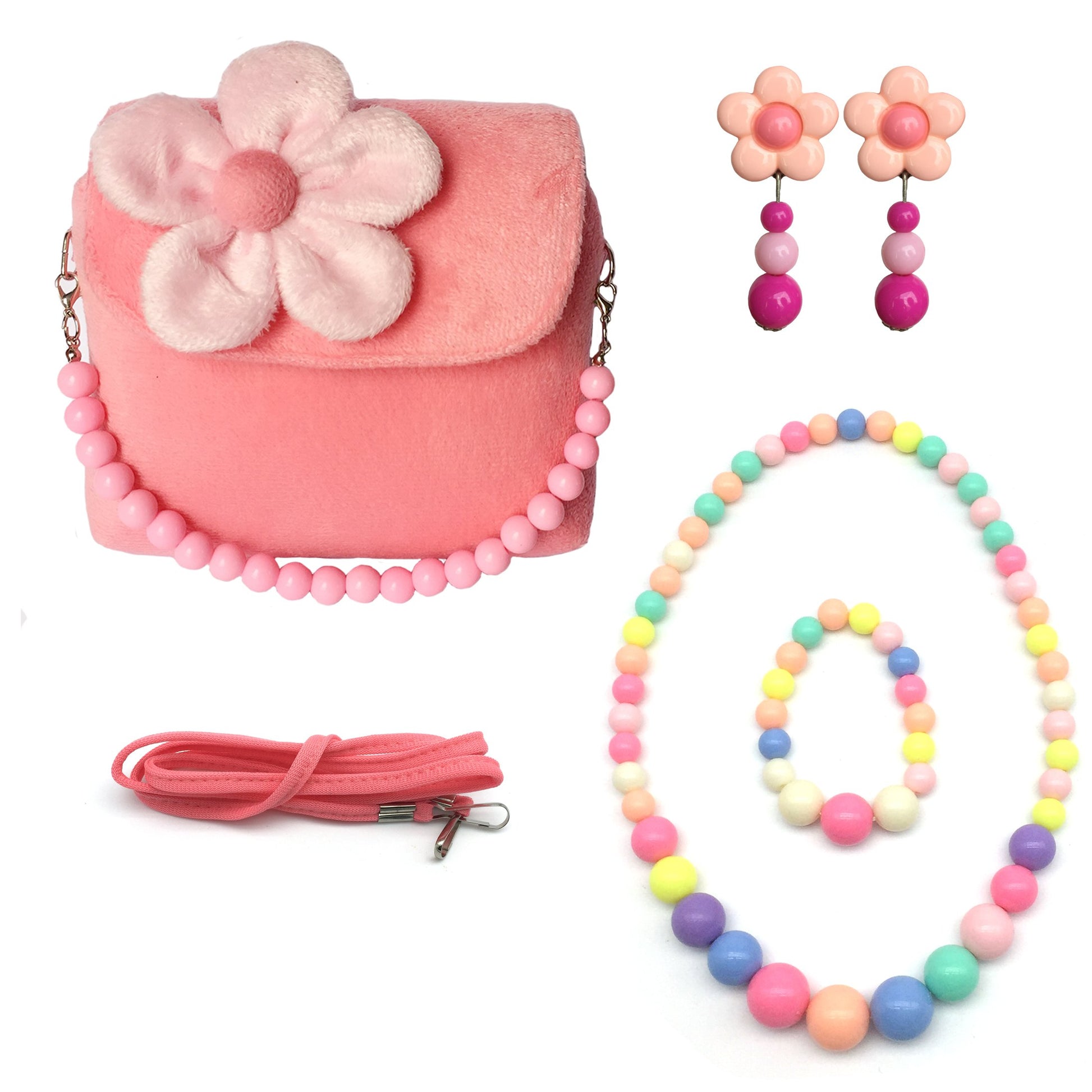 Elesa Miracle Little Girl Handbag Beauty Set Plush Handbag + Flower-Shaped Clip-On Earrings + Necklace And Bracelet Set (Pink)
