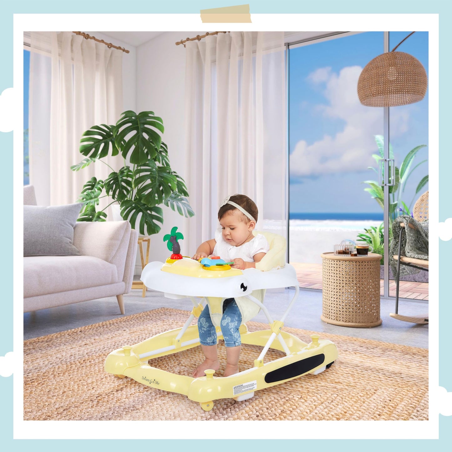 Dream On Me 2-In-1 Aloha Fun Baby Walker In Yellow, Easily Convertible Baby Walker, Adjustable Three Position Height Settings, E