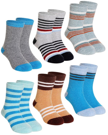 Children'S Winter Warm Wool Solid Color Socks Kids Boy Girls Thermal Crew Socks 6 Pairs (6 Pairs Stripe, 4-7 Years)