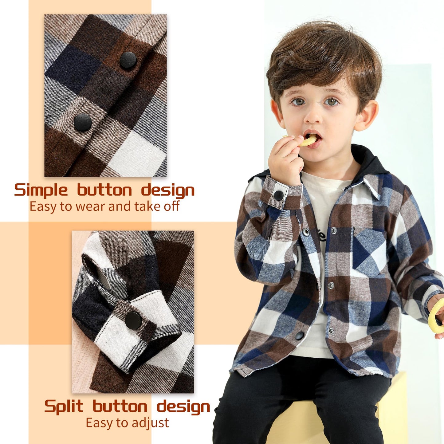 Younger Star Toddler Kidsbaby Boys Hooded Plaid Shirt Classical Shirt Hooded Jacket Fall Winter Clothes (Brown, 18-24 Months)