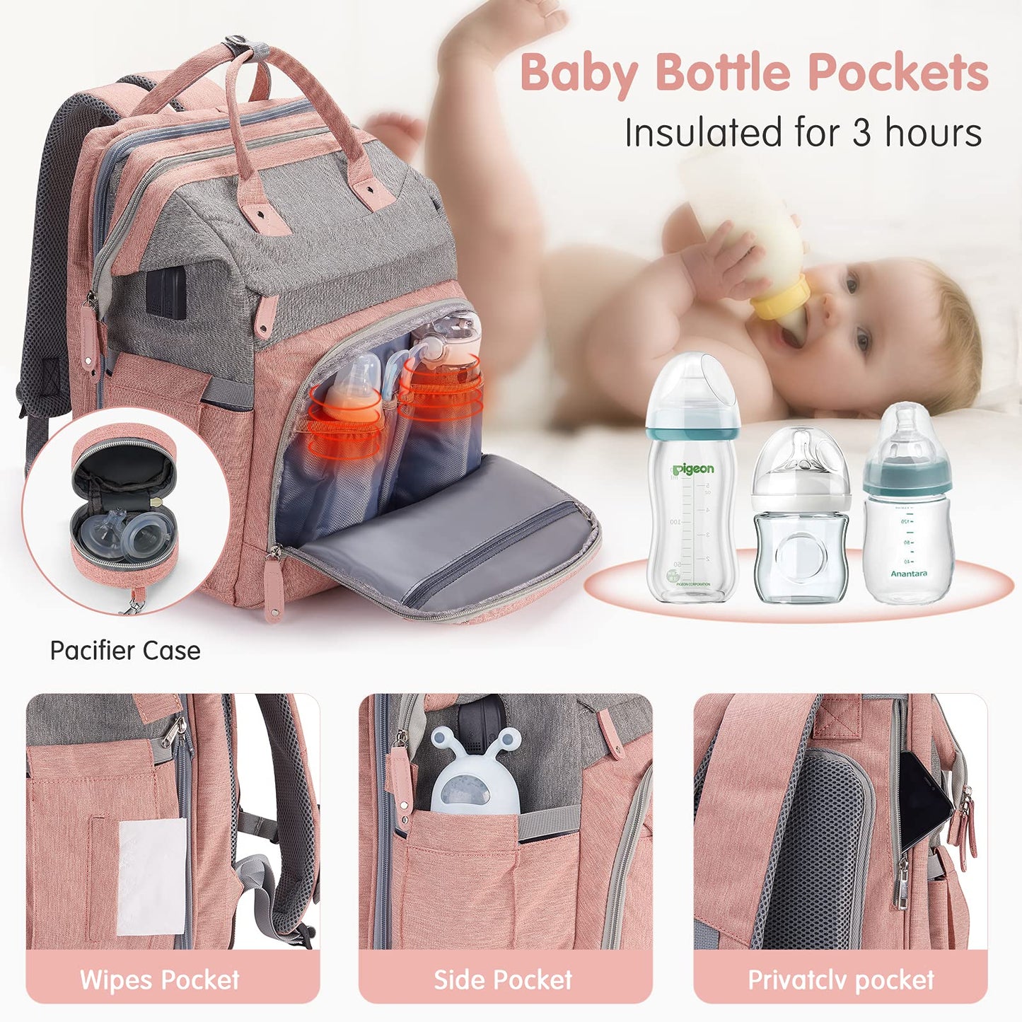 Derjunstar Diaper Bag Backpack,Baby Diaper Bags, Multifunctional Travel Diaper Waterproof Backpack For Baby Boy & Girls, Rose Pi
