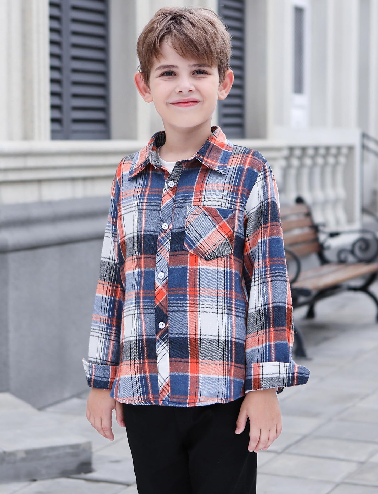 Sangtree Boys Long Sleeves Flannel Plaid Button Down Shirt Tops Orange Blue, 18-24 Months = Tag 90