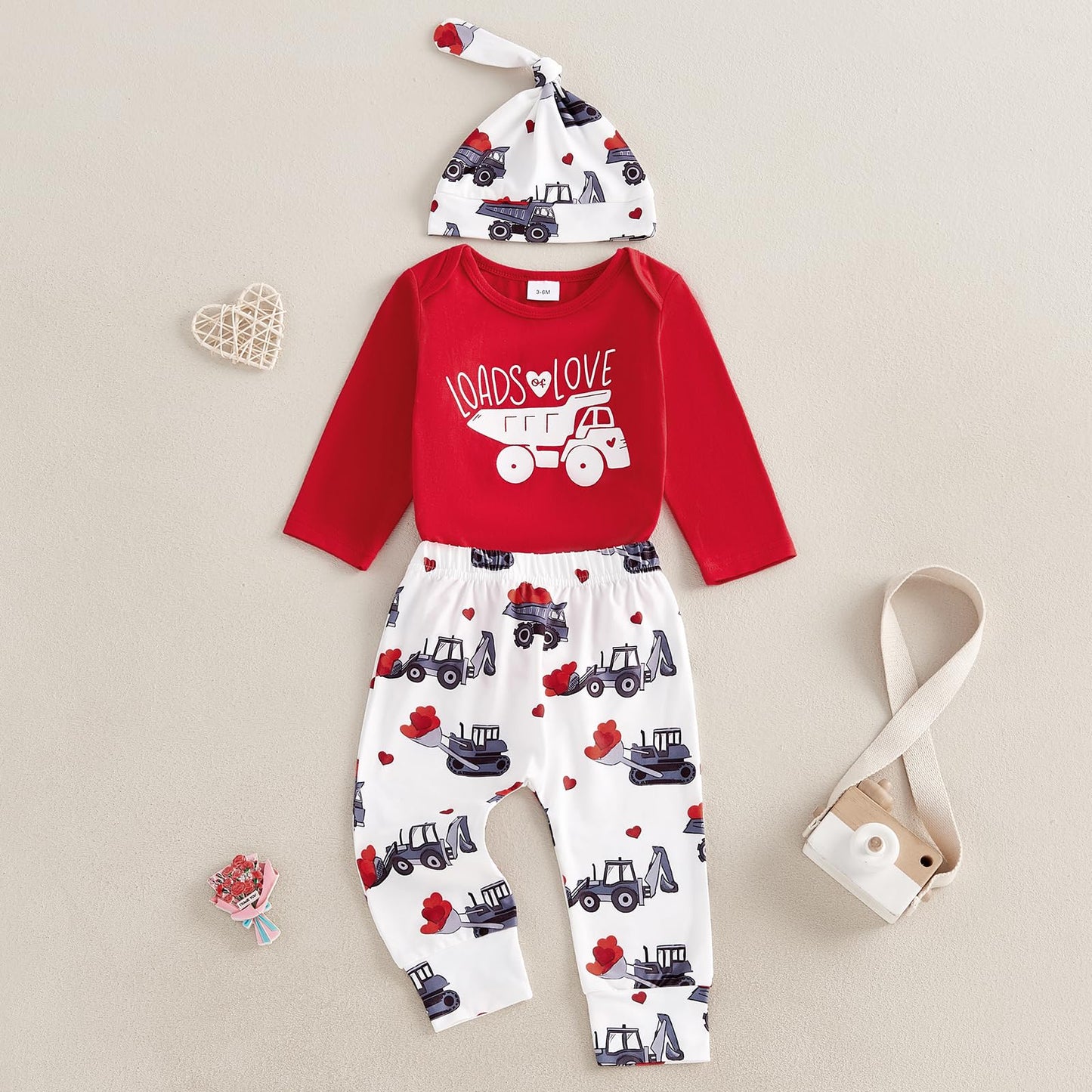 Newborn Baby Boy Valentines Day Outfit Letter Print Long Sleeve Romper Cart Love Heart Pants Hat Set 3Pcs Clothes (Red, 0-3 Mont