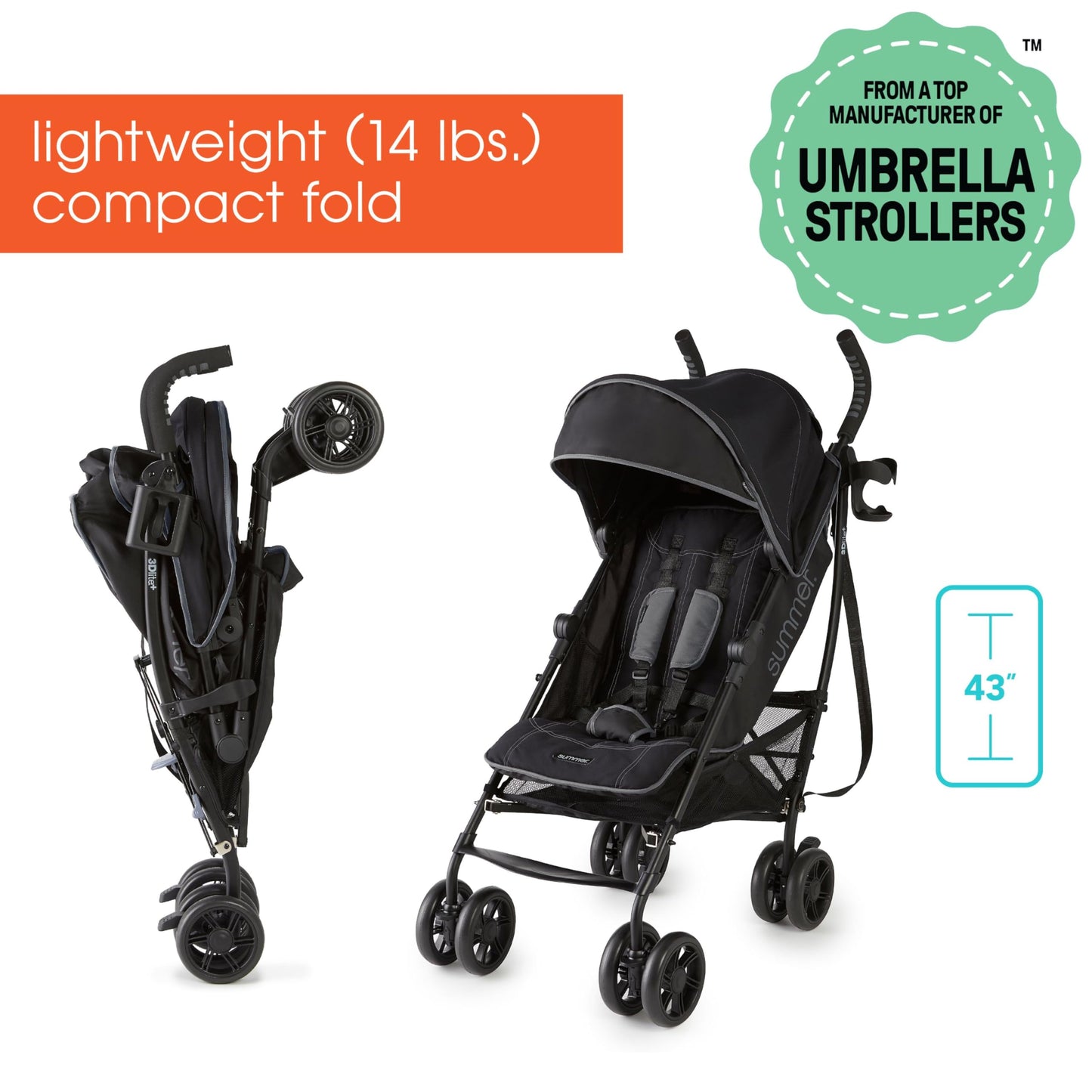 Summer Infant 3Dlite+ Convenience Stroller, Lightweight Umbrella Stroller With Oversized Canopy, Extra-Large Storage And Compact
