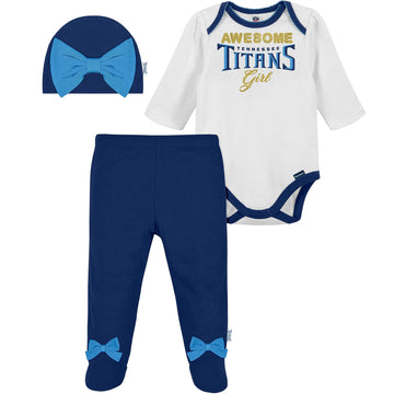 Nfl Baby Girls' 3Pc Bodysuit, Footed Pant, & Cap Set, Tennessee Titans, 0-3 Months