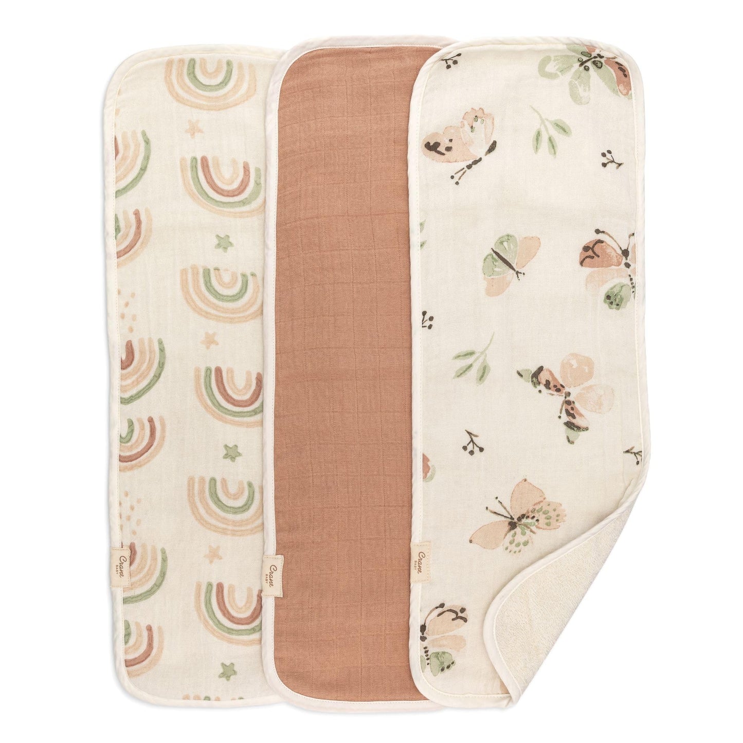 Crane Baby Muslin Baby Burp Cloths, Lightweight Absorbent Burp Cloth, Rainbow/Butterfly, Set of 3, 7    x 20   , Newborn Baby Es