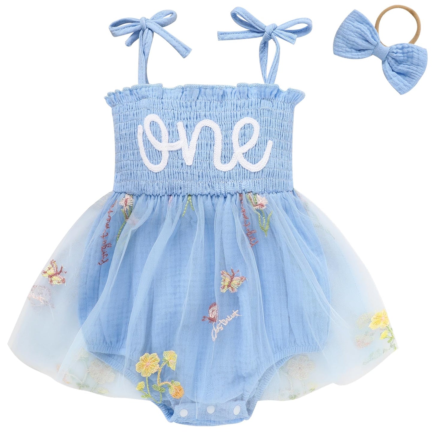 Titkkop Baby Girl 1St Birthday Clothes One Year Old Tulle Romper Sleeveless Bodysuit Cake Smash Outfits(Blue3,12-18M)