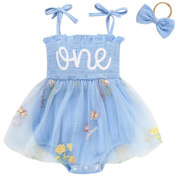 Titkkop Baby Girl 1St Birthday Clothes One Year Old Tulle Romper Sleeveless Bodysuit Cake Smash Outfits(Blue3,12-18M)