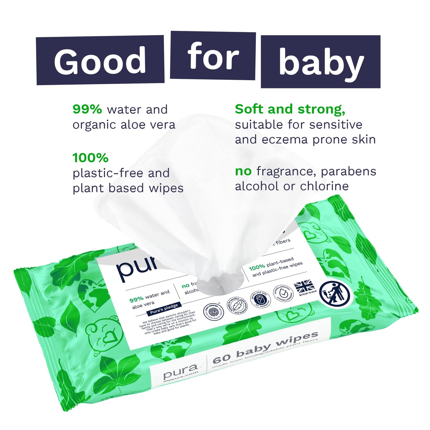 Pura Natural Sensitive Baby Wipes, 99% Water, Unscented & Hypoallergenic, Suitable For Sensitive & Eczema-Prone Skin, Hypoallerg
