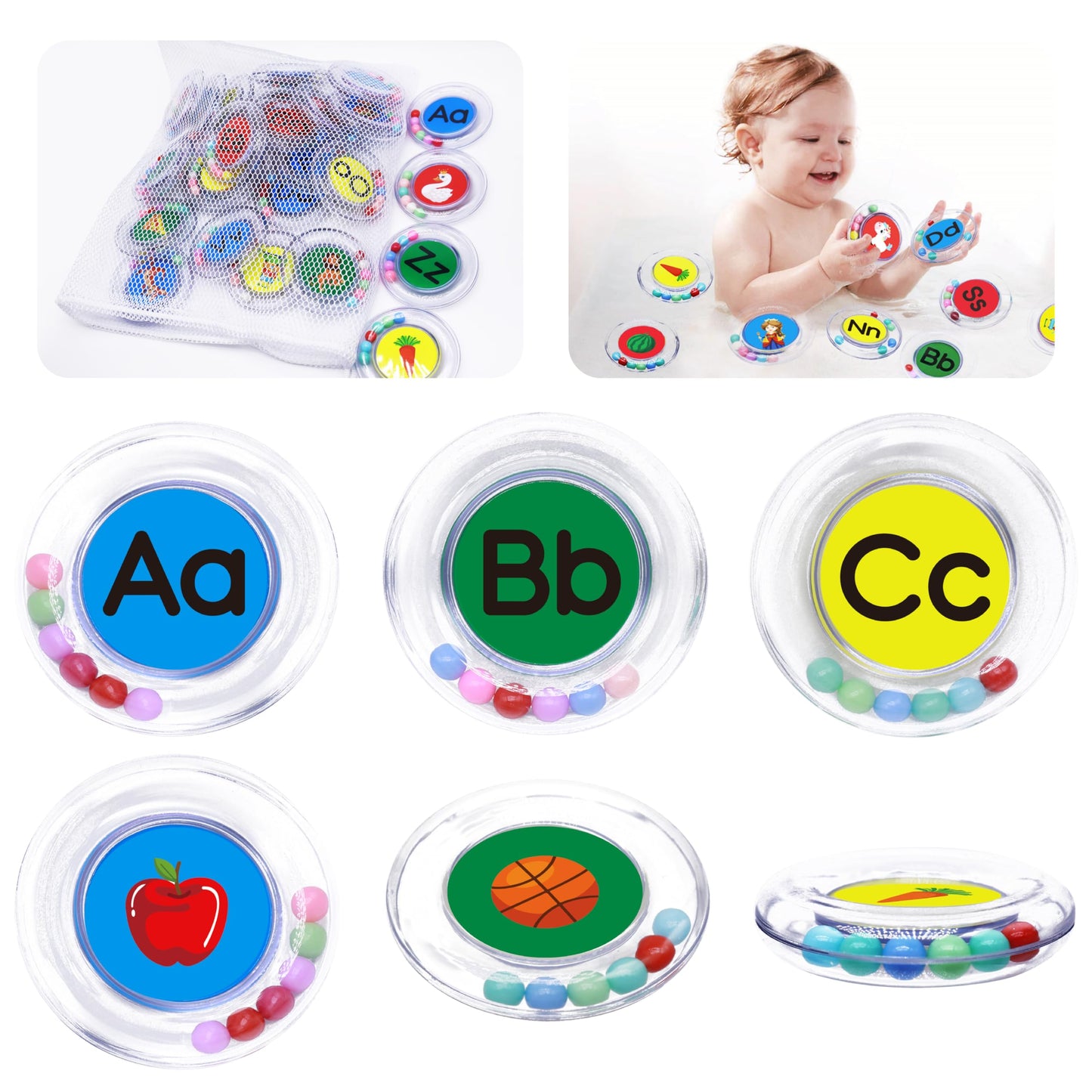 26pcs Letters Floating Alphabet Bath Toys Ring, Mold Free Bathtub Toys Water Pool Toys Set with Mesh Bag for Kids Babies Toddler