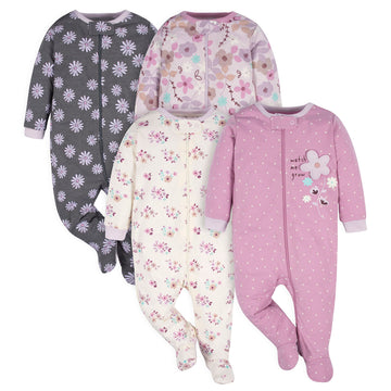 Gerber Baby Girls 4 Pack Sleep 'N Play Footie Lavender Garden Preemie