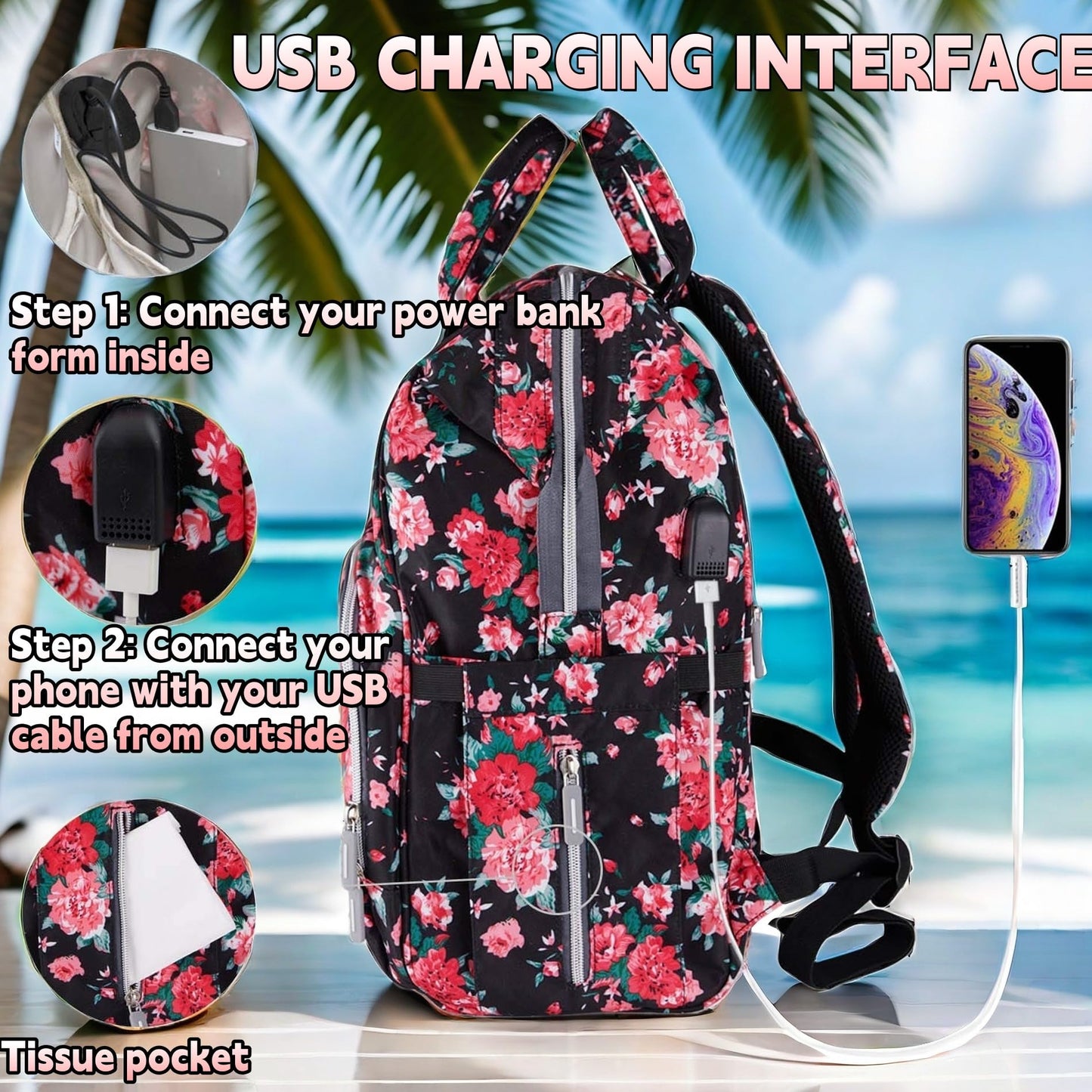 Qwreoia Floral Diaper Bag Backpack With Usb Charging Port Stroller Straps And Insulated Pocket, Travel Bag Nappy Backpack For Wo