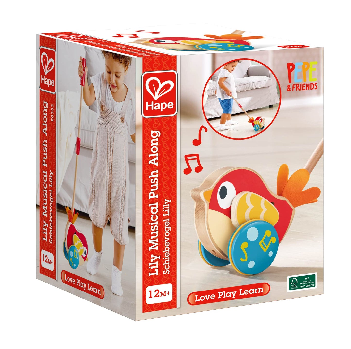 Hape Lilly Musical Push Along | Wooden Push Along Baby Walking Bird, Playful Kids Toy with Detachable Stick, Multicolor, 22.05 I