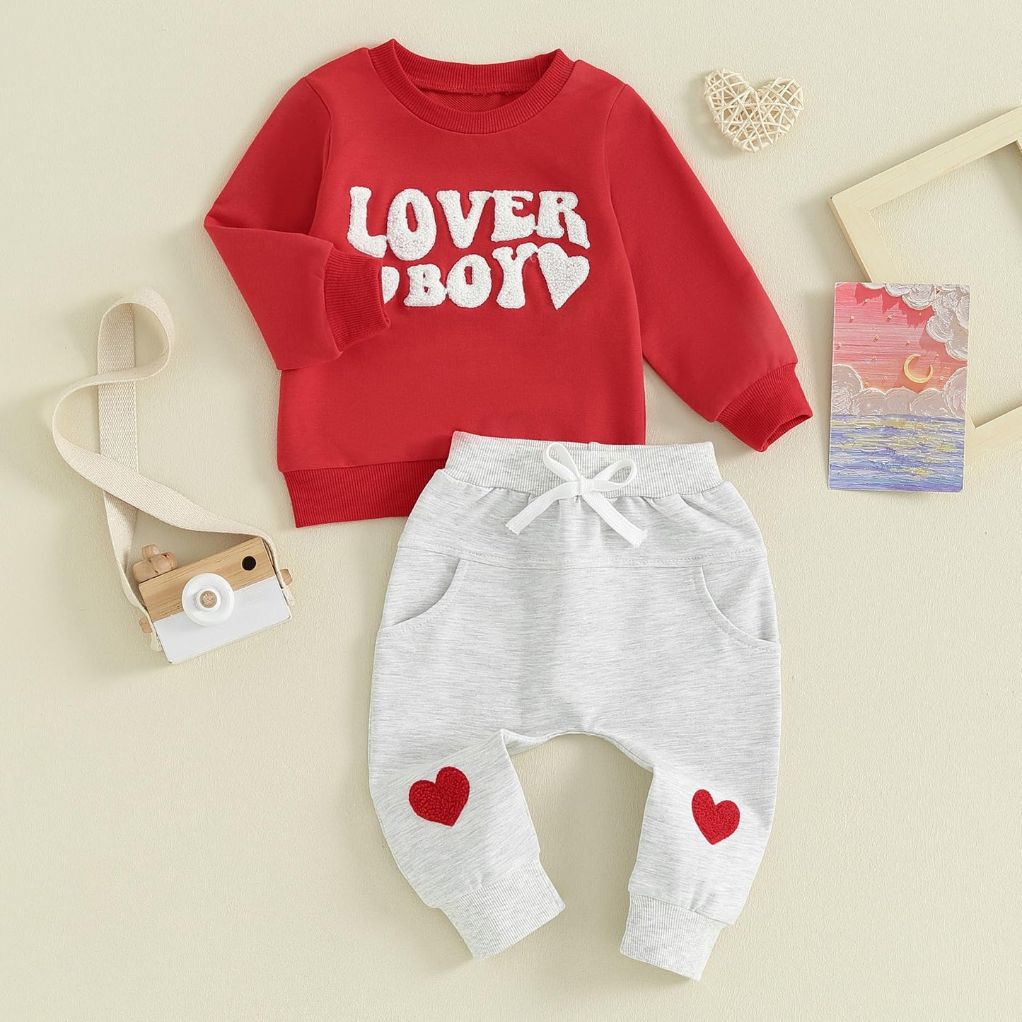 Lagkiyoj Toddler Baby Girl Boy Valentines Outfit Love Heart Long Sleeve Sweatshirt Pullover Tops Jogger Pants Clothes (Red Love