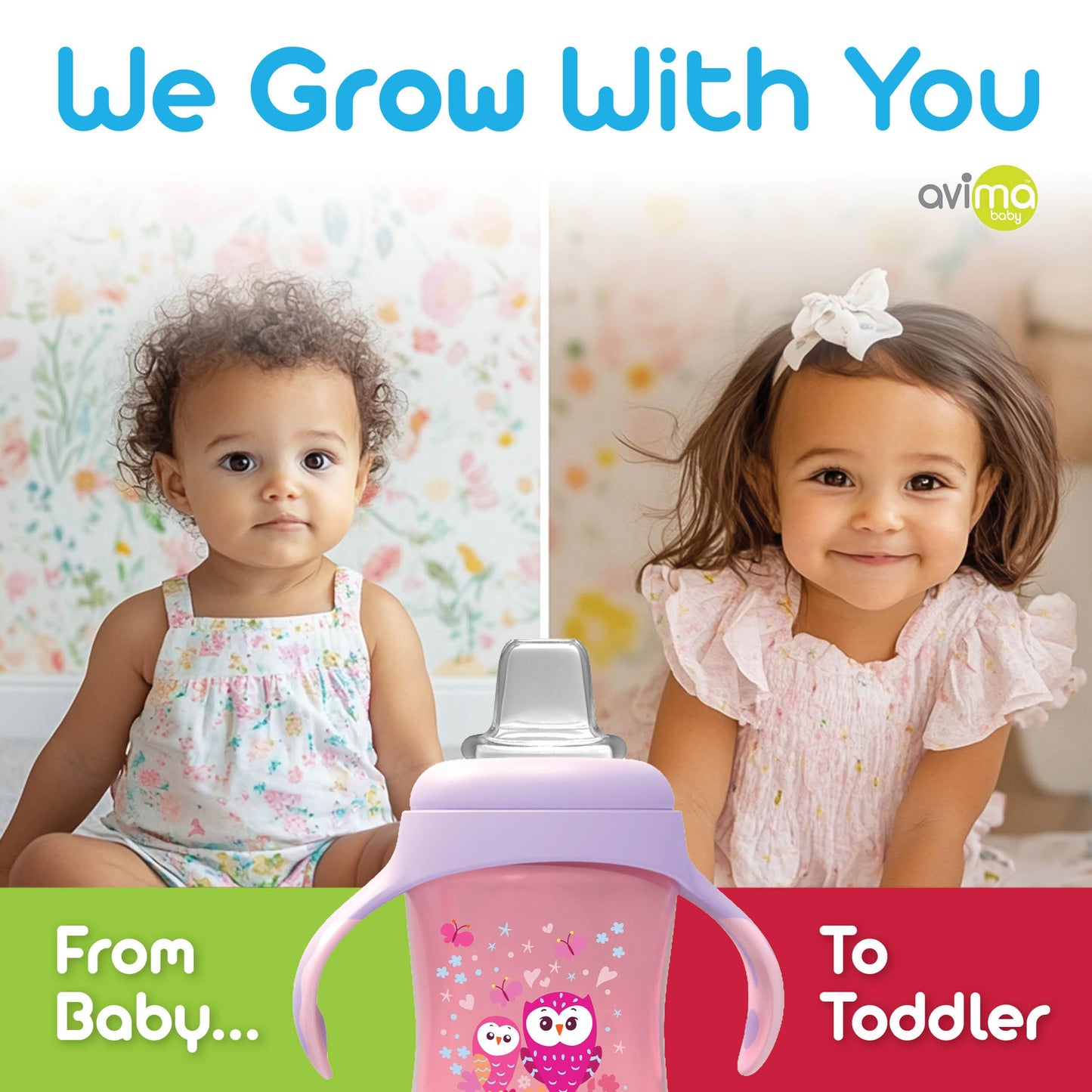 Avima Baby 10 Oz Spill Proof Baby Sippy Cup W/Interchangeable Soft Spout Nipple - Trainer Sippy Cup With Handles - Bpa Free & Di