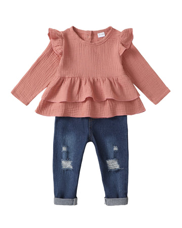 Girl Baby Clothes 12-18 Months Cute Girl Outfits Ruffle Long Sleeve Shirts Denim Pants 18 Months Girl Clothes Fall Winter Baby C