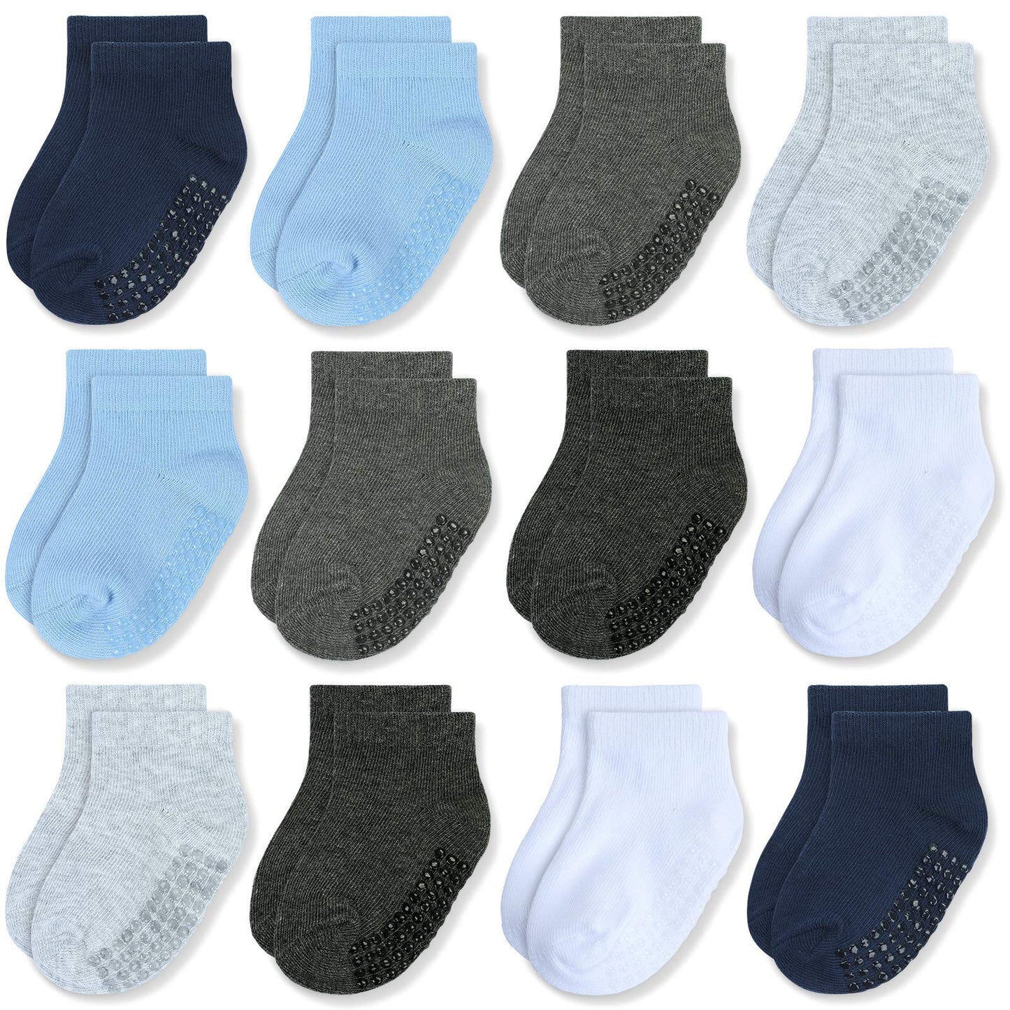 Jakidar 12 Pair Baby Toddler Socks Non-Slip Grip Cotton Ankle Socks For Boys Girls Non Skid Soles For Infants Kids, Blue Gray,12