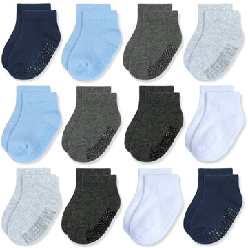 Jakidar 12 Pair Baby Toddler Socks Non-Slip Grip Cotton Ankle Socks For Boys Girls Non Skid Soles For Infants Kids, Blue Gray,2-