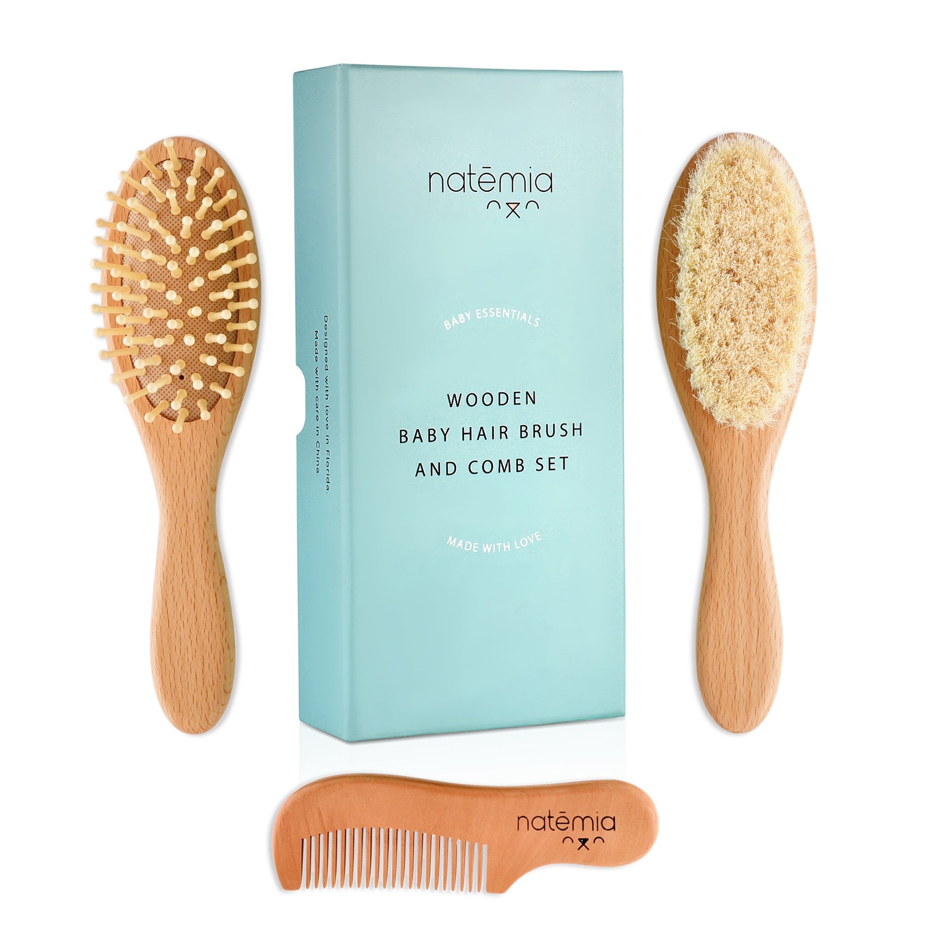 Natemia Premium Wooden Baby Hair Brush And Comb Set - Natural Soft Bristles - Ideal For Cradle Cap - Perfect Baby Registry Gift