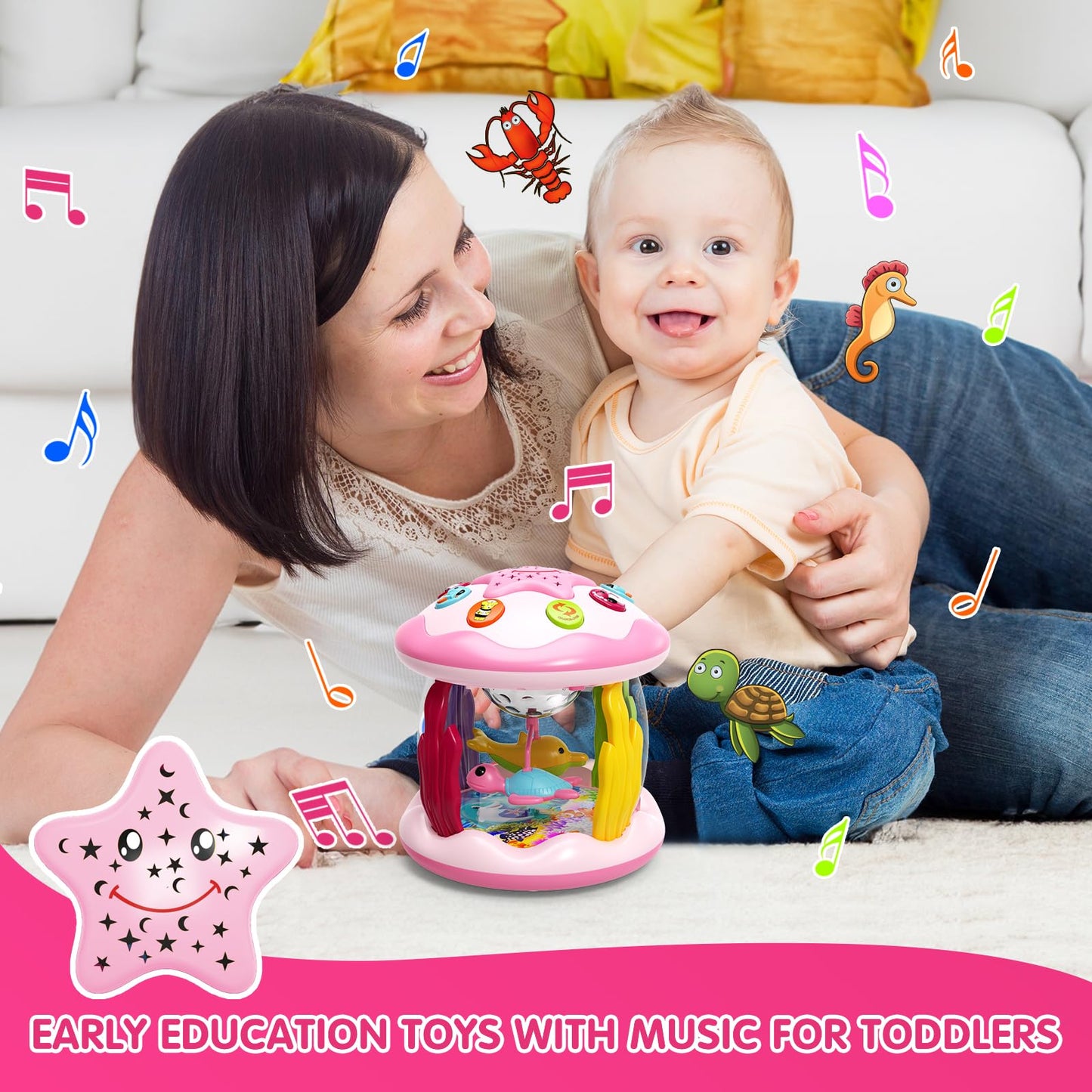 Letapapa Baby Toys 6 to 12 Months, 4 in 1 Ocaen Rotating Projector, Tummy Time Light Up Musical Toys for 6 7 8 9 12-18 Months, E